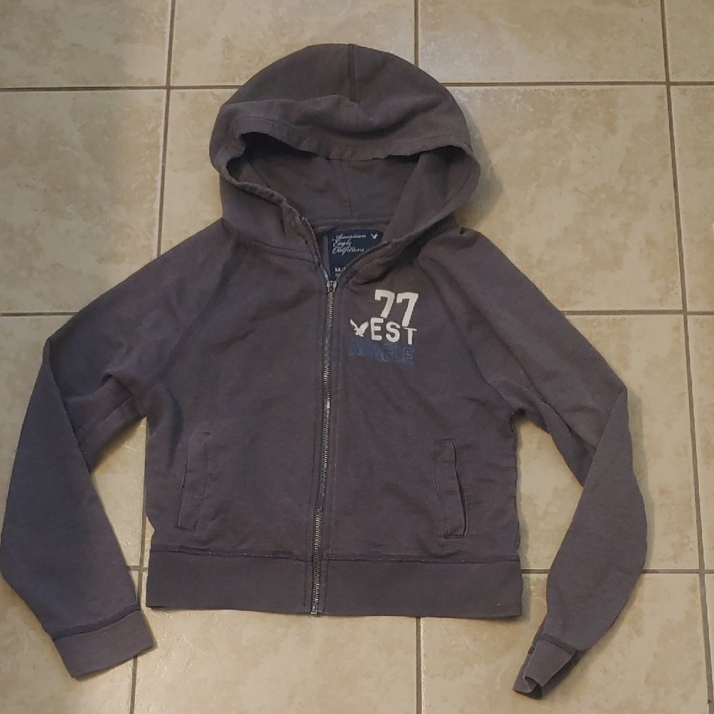 VTG American Eagle Gray Full Zip Jacket Cropped Hoodie Women's Size M